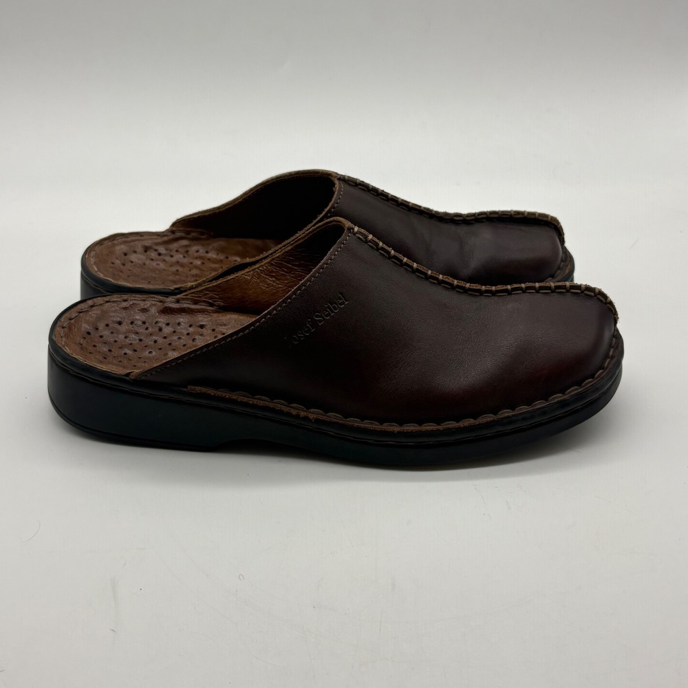 Josef Seibel Womens Brown Leather Slip On Contoured Footbed Clogs Shoes 7.5-8